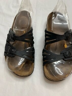 Birkenstock Black  leather Strappy Slide Sandals